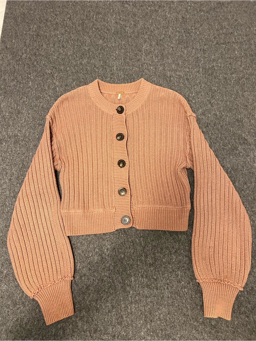 Free People Dusty Rose Cropped Ribbed Cardigan Balloon Sleeve S